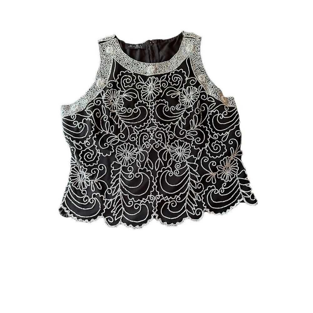 Jkara New York Embroidered Beaded Sleeveless Black Top Women's Size Small‎